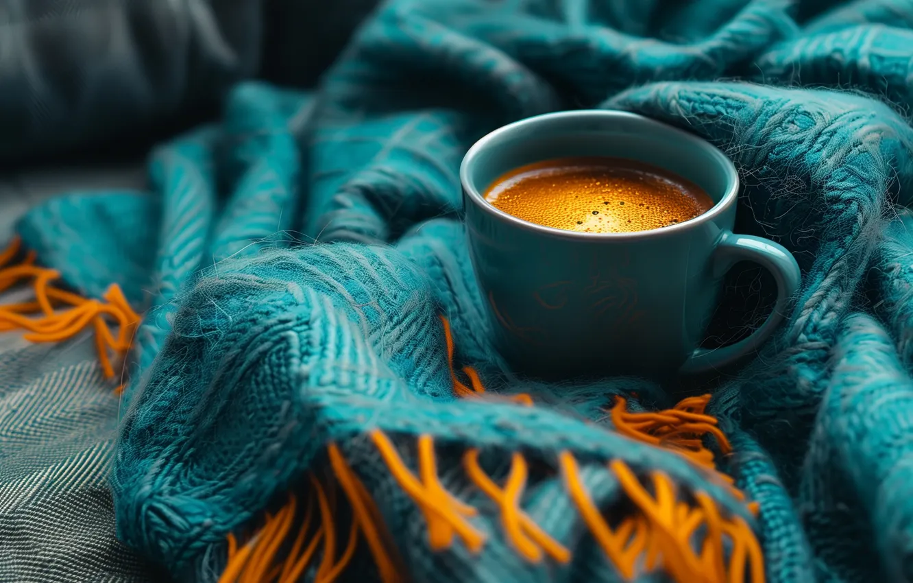 Photo wallpaper comfort, heat, blue, coffee, blanket, mug, Cup, drink