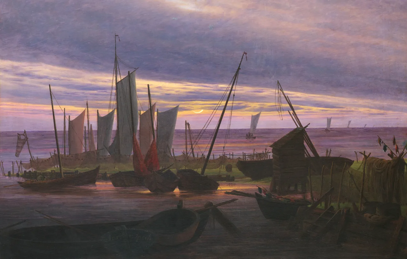 Photo wallpaper picture, sail, seascape, Caspar David Friedrich, Boats in the Harbor in the Evening