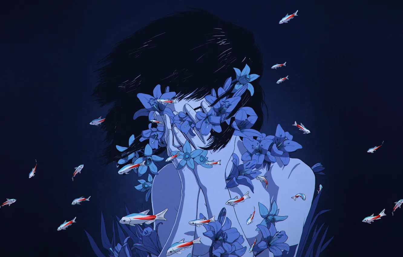 Photo wallpaper Flowers, Girl, Minimalism, Blue, Fish, Girl, Fish, Fish