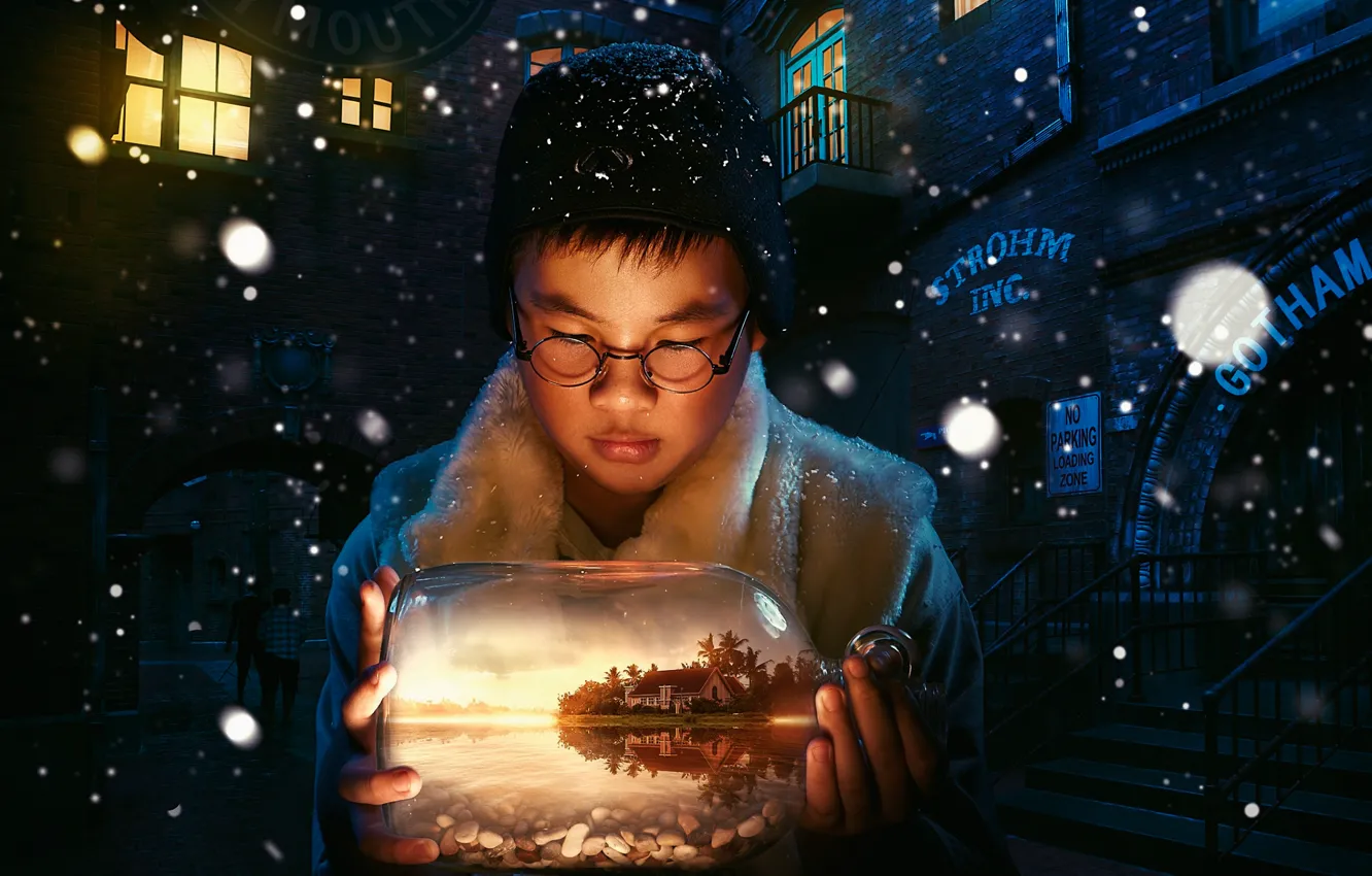 Photo wallpaper summer, dream, snow, bottle, boy