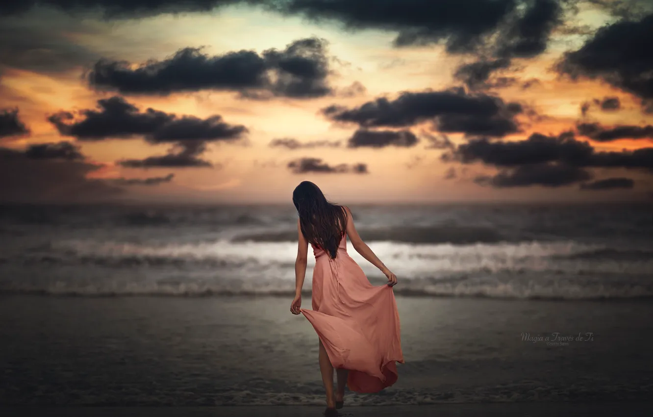 Photo wallpaper sea, beach, the sky, girl, clouds, sunset, dress, brunette