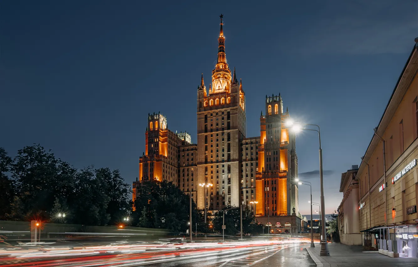 Photo wallpaper night, the city, street, building, lighting, lights, Moscow, skyscrapers