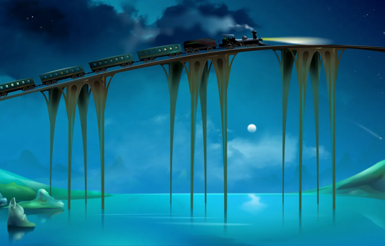 Photo wallpaper night, bridge, train, cartoon