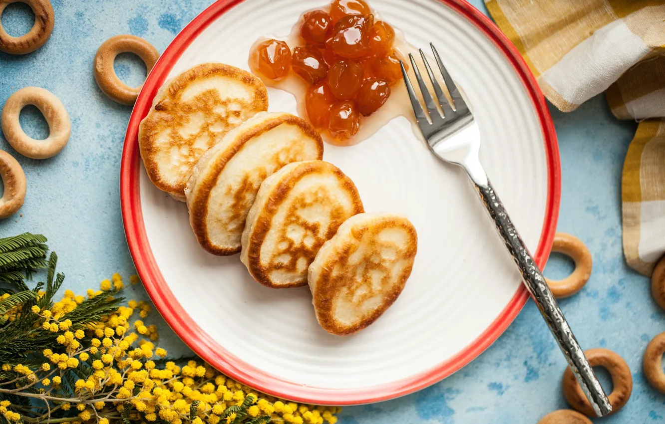 Photo wallpaper flowers, bagels, plug, jam, pancakes, Mimosa