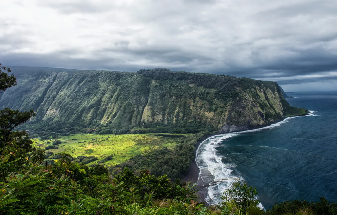 Photo wallpaper the ocean, rocks, coast, Hawaii, rock, USA, Waipio Valley