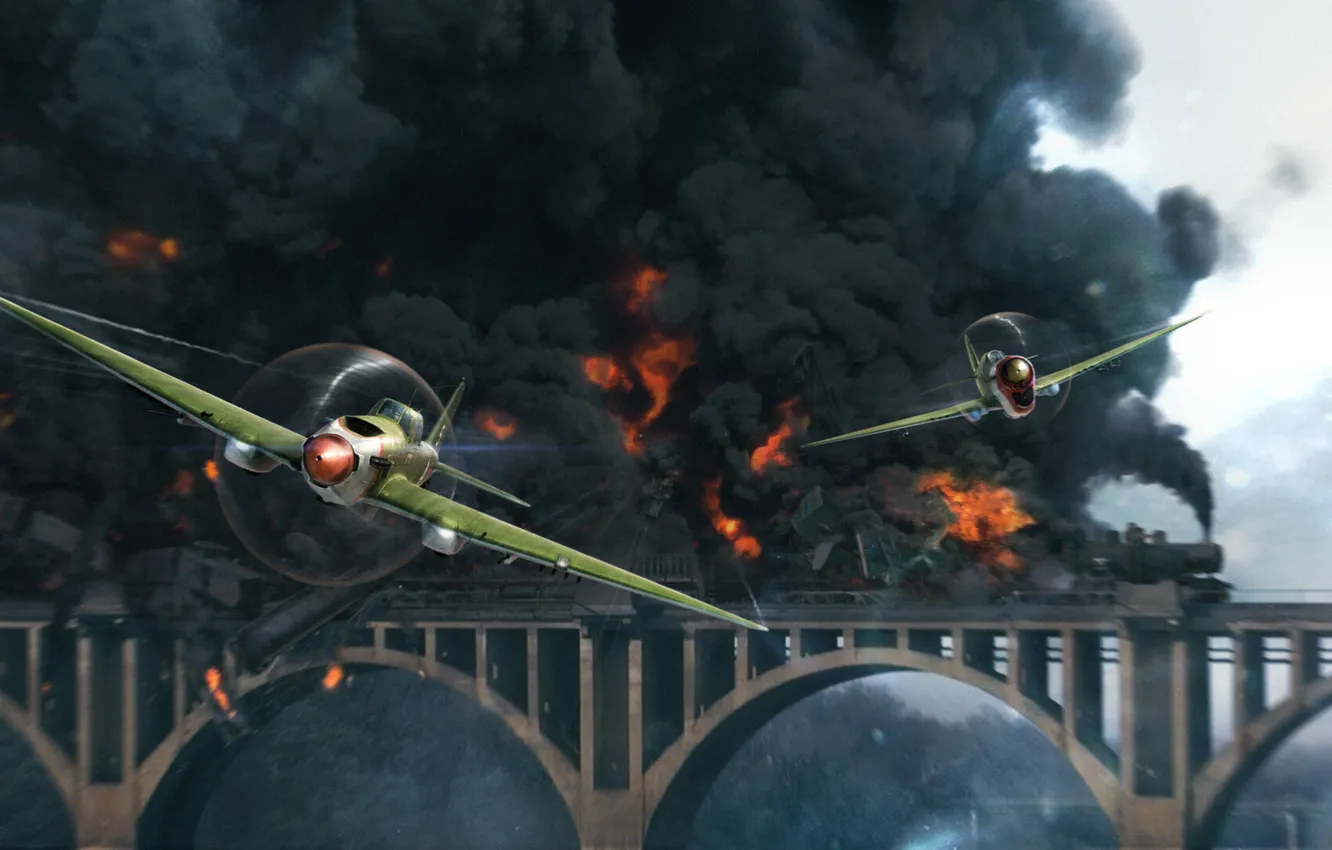 Photo wallpaper Bridge, The game, The plane, Smoke, Aircraft, Fire, War, Fighter