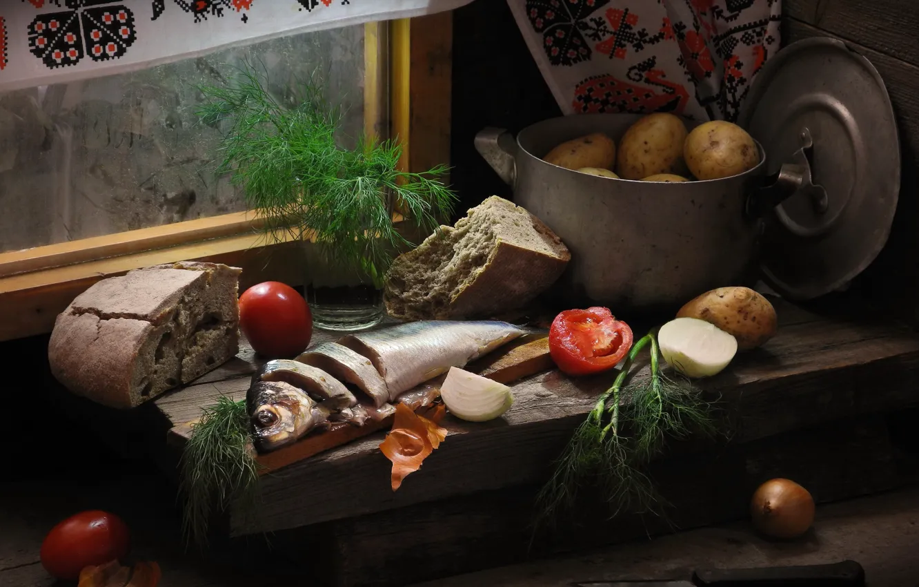 Photo wallpaper greens, glass, Board, towel, fish, bow, dill, bread