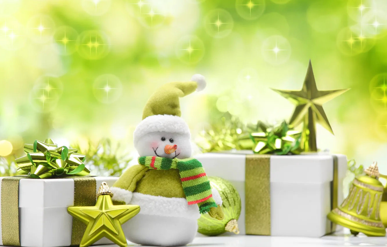 Photo wallpaper stars, balls, toys, New Year, green, Christmas, gifts, snowman