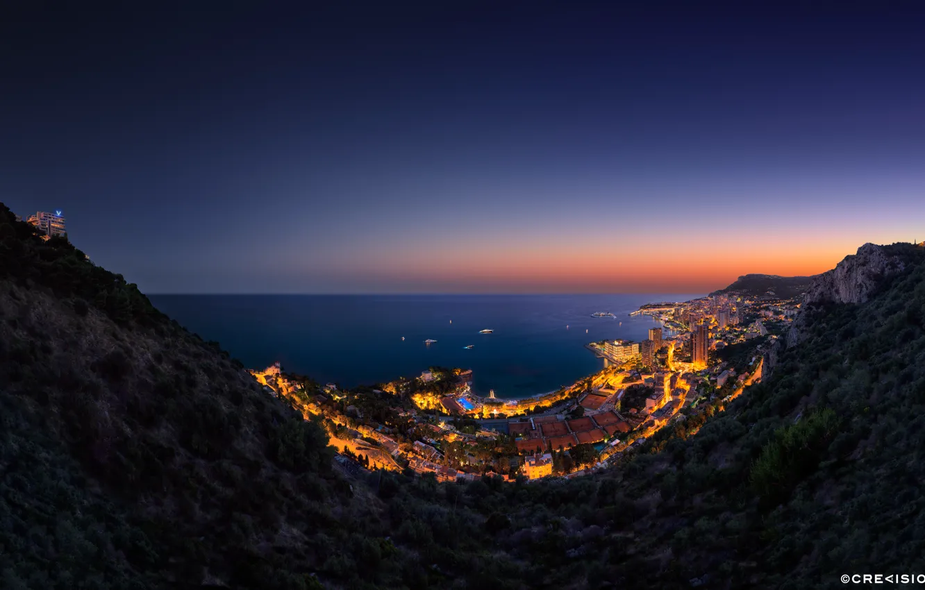 Photo wallpaper sea, mountains, the city, lights, the evening, hill, Vista Palace over Monaco