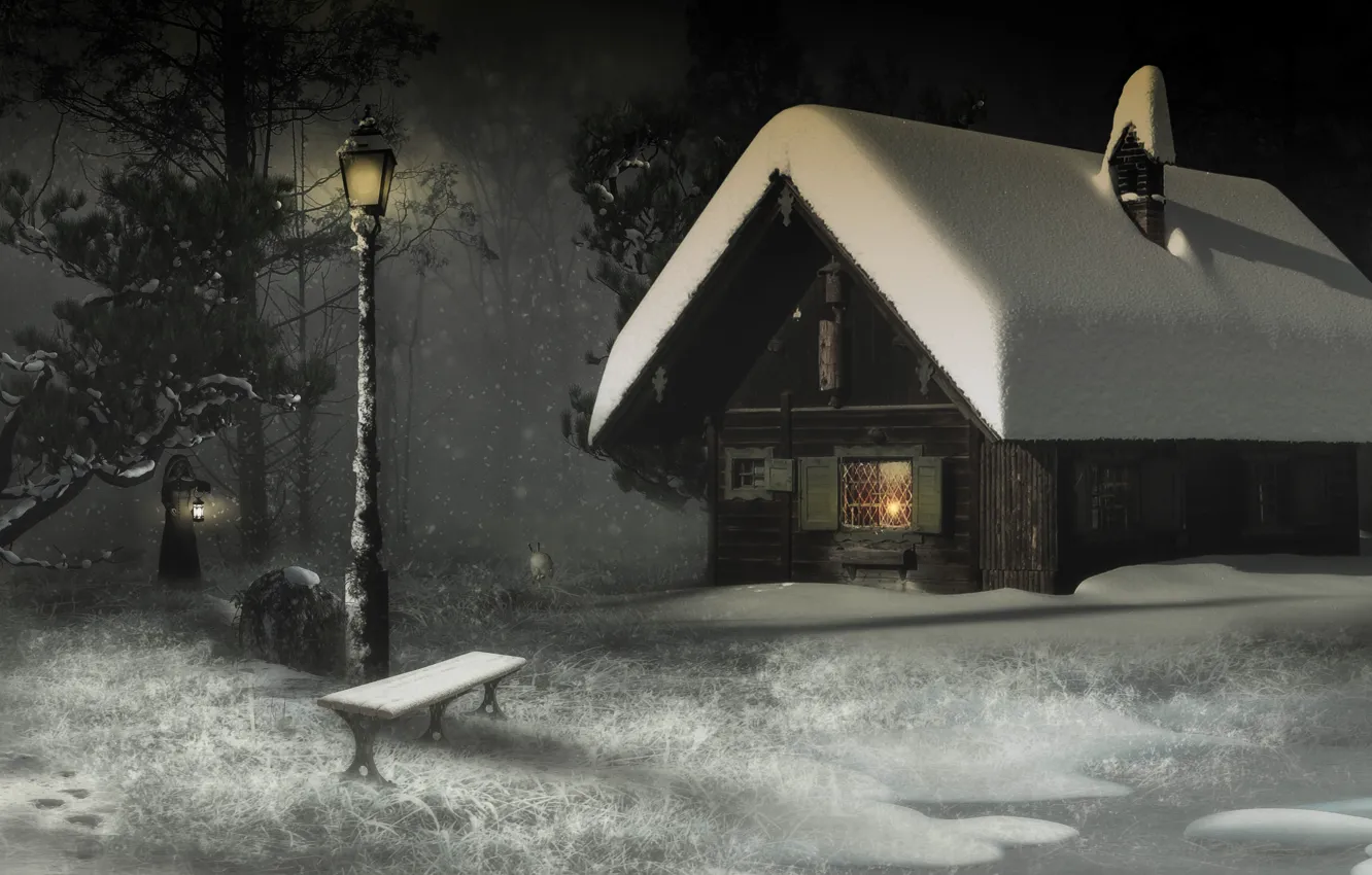 Photo wallpaper winter, forest, girl, light, snow, bench, night, rendering