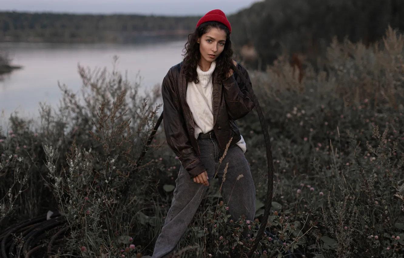 Photo wallpaper girl, pose, jeans, brunette, jacket, the cable, cap, nature