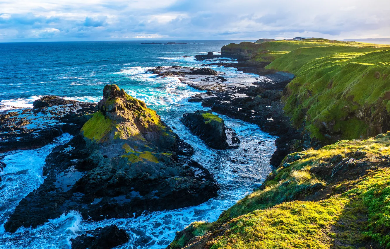 Photo wallpaper sea, the sky, the sun, stones, rocks, coast, horizon, Australia