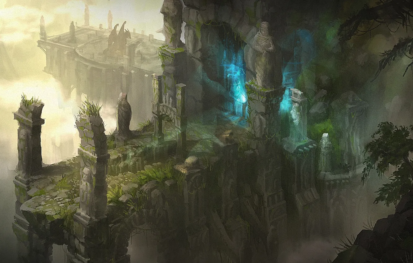 Photo wallpaper magic, dragon, building, glow, art, temple, ruins