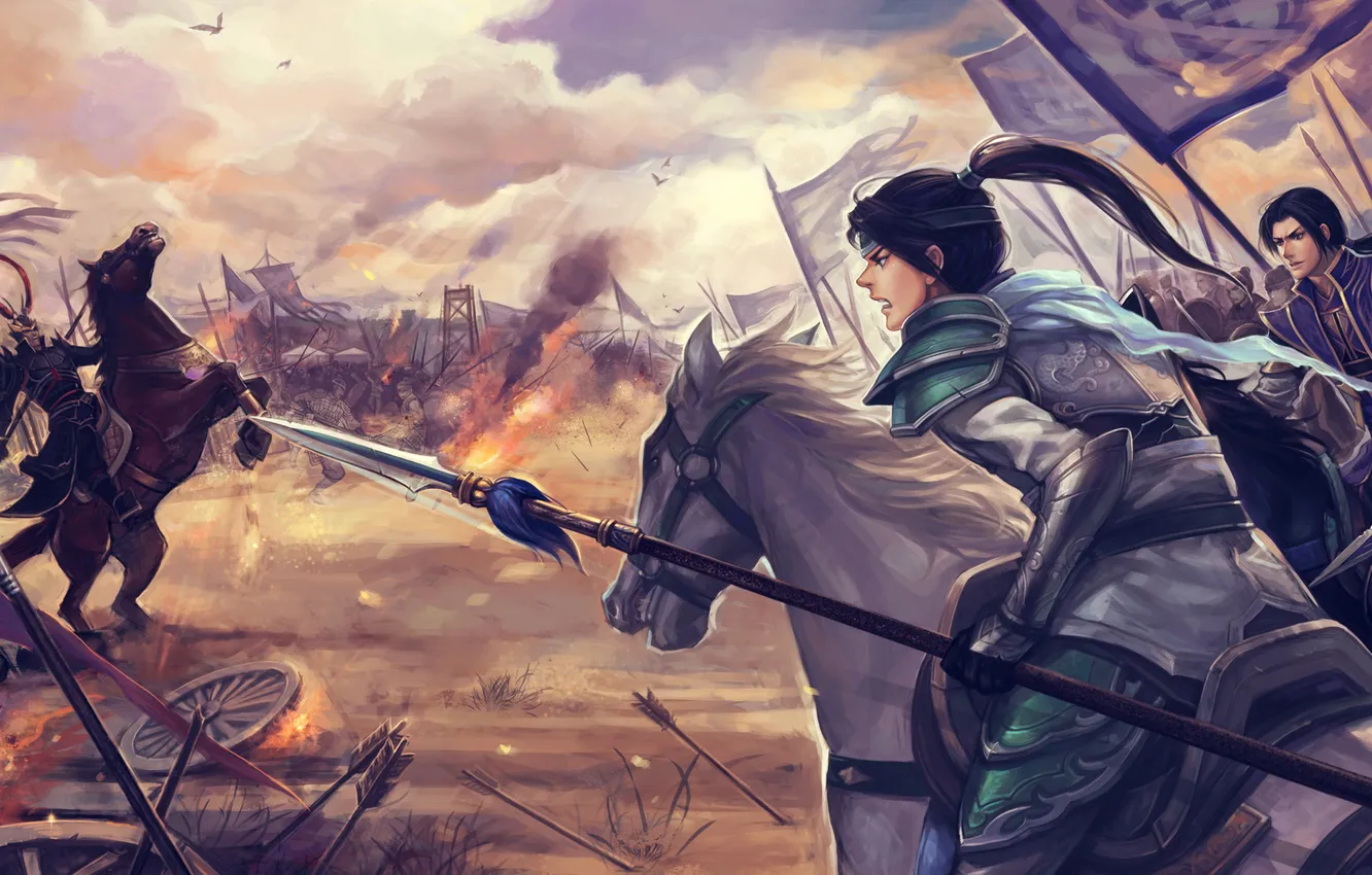 Photo wallpaper girl, fire, horses, art, spear, battle, battlefield, shin sangoku musou
