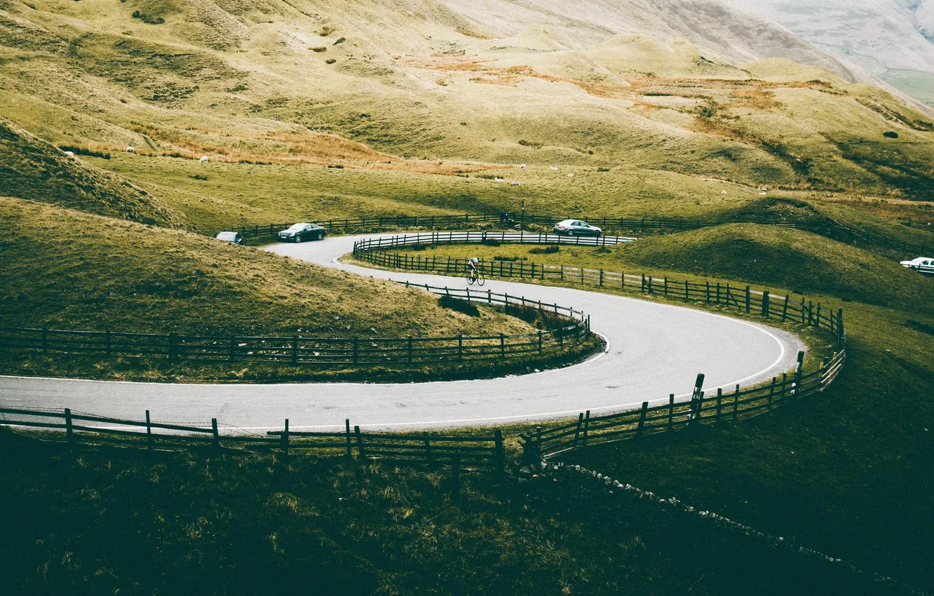 Photo wallpaper road, hills, the fence, cyclist, car