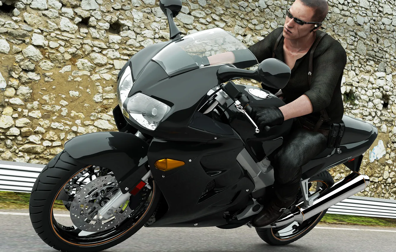 Photo wallpaper asphalt, stones, black, glasses, motorcycle, male, Honda, Resident Evil