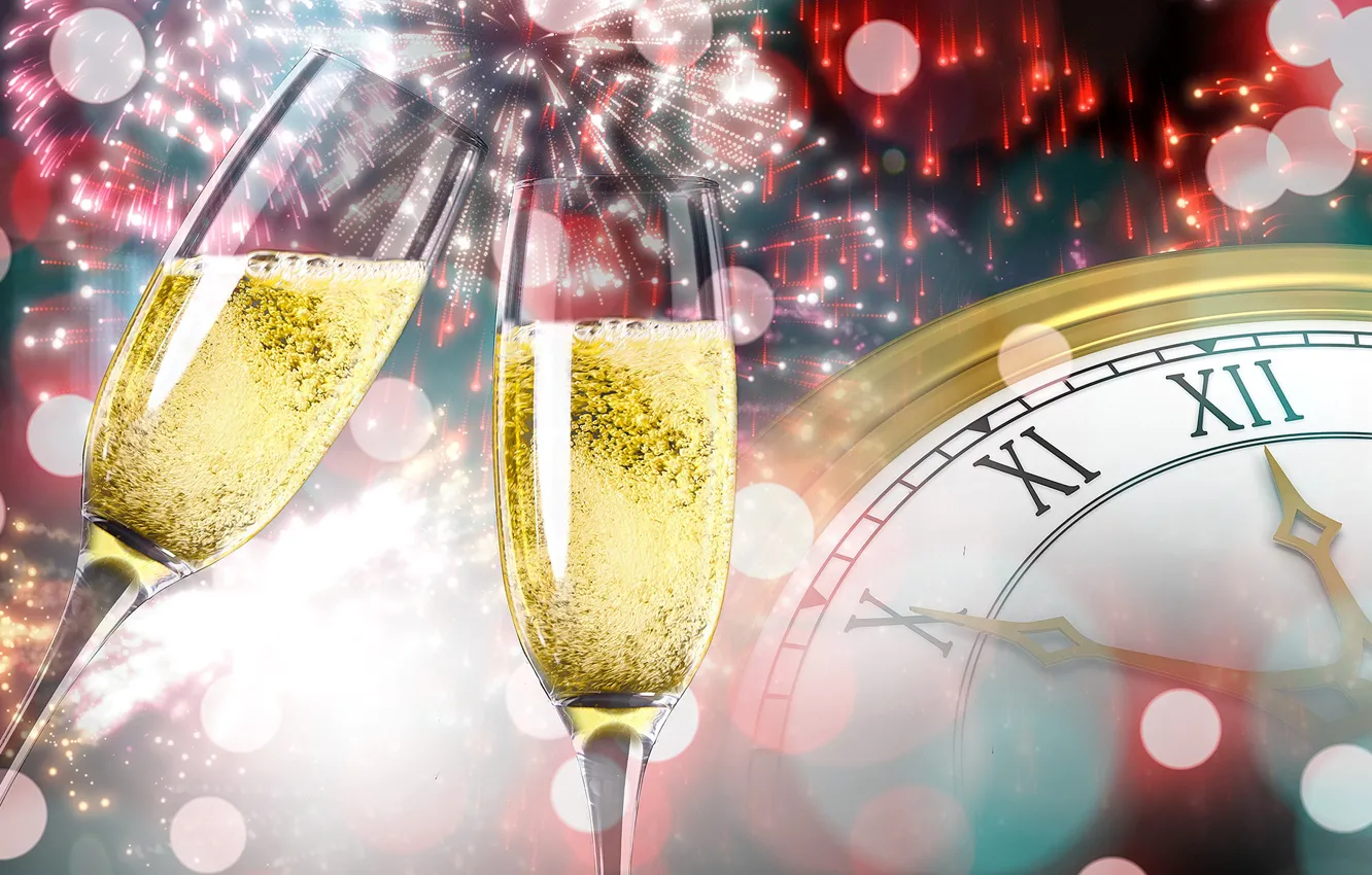 Photo wallpaper watch, new year, glasses, fireworks, champagne, bokeh