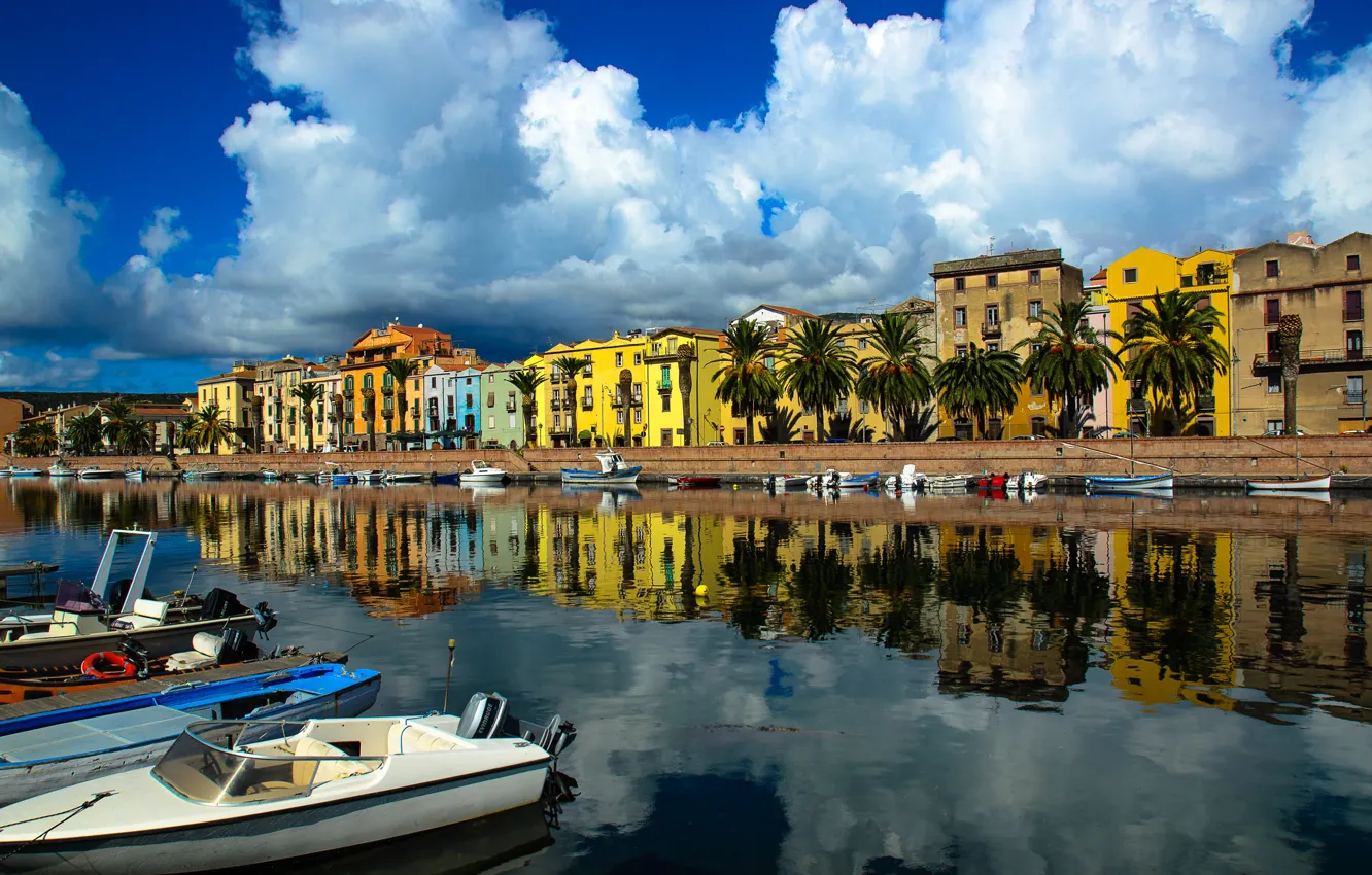 Photo wallpaper home, boats, Italy, harbour, Sardinia, Bosa