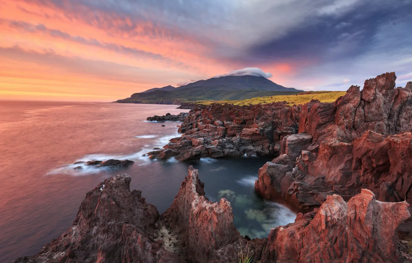 Photo wallpaper sea, landscape, sunset, mountains, nature, rocks, shore, island