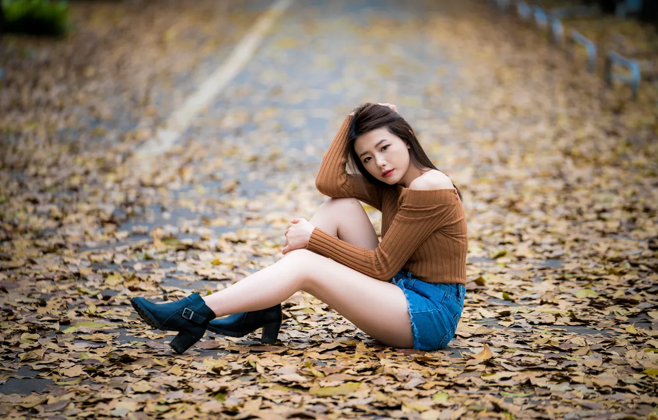 Photo wallpaper leaves, girl, shorts, blouse, legs, Asian, sitting, bokeh