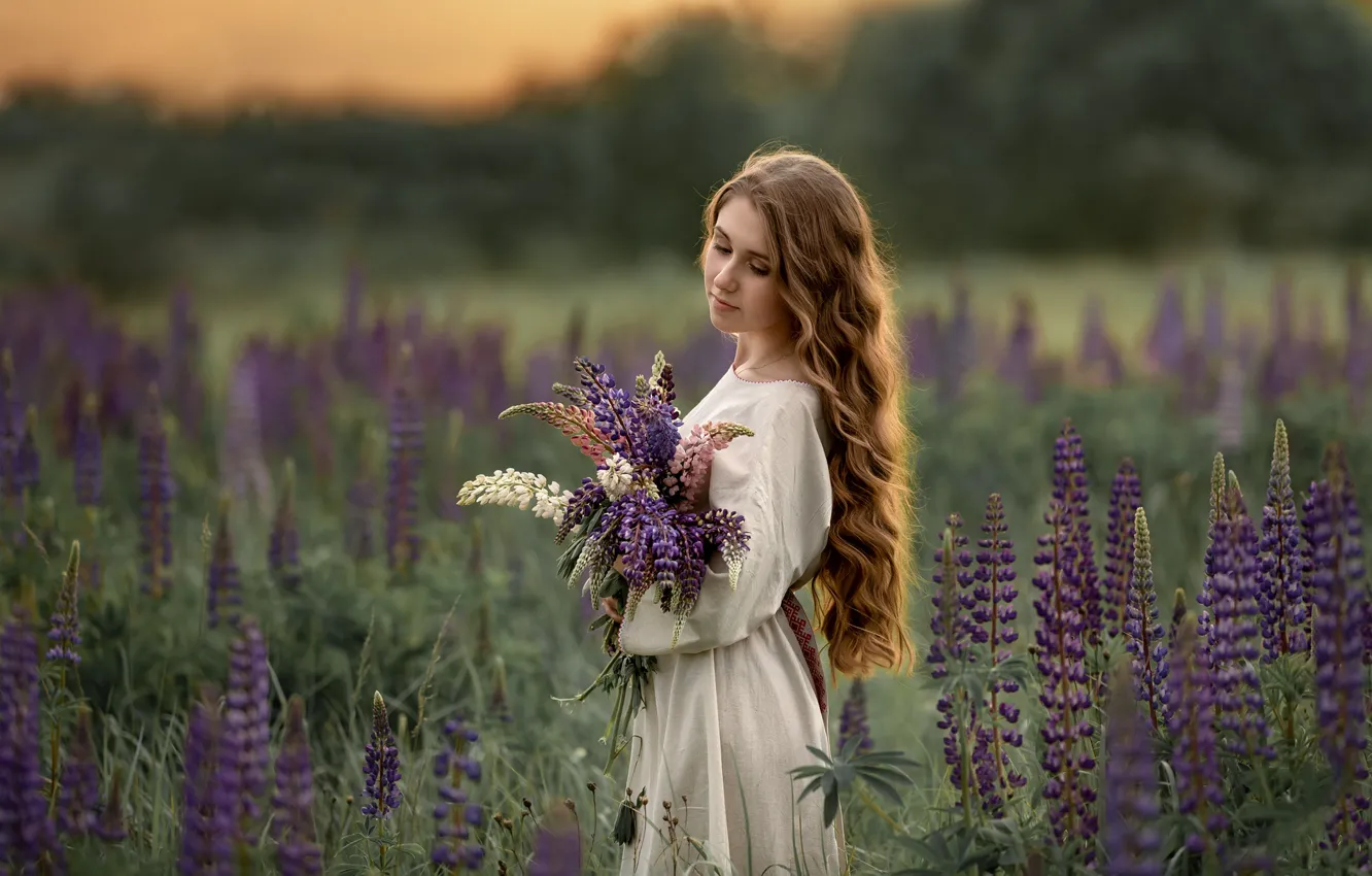 Photo wallpaper field, summer, girl, flowers, nature, bouquet, dress, brown hair