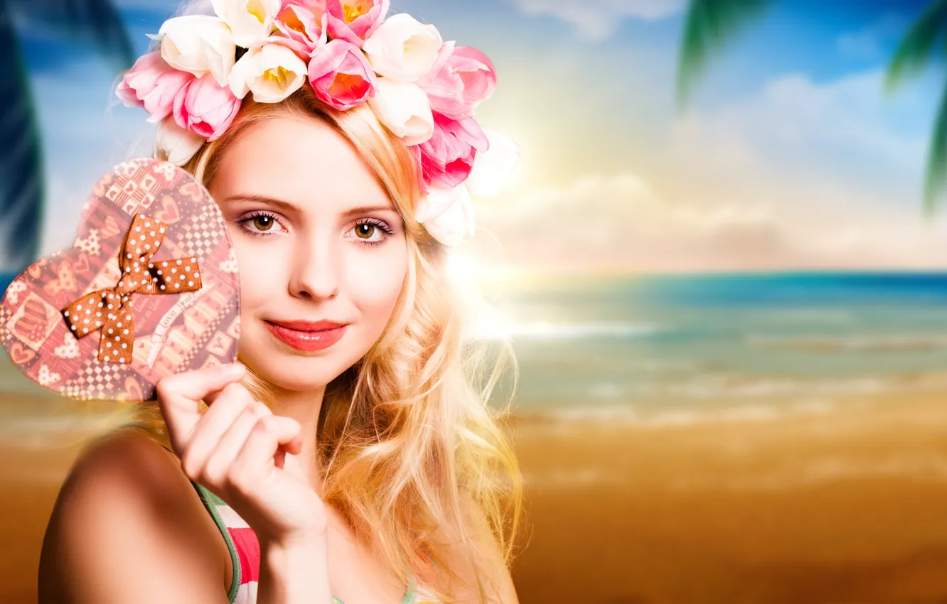 Photo wallpaper girl, hair, hearts, tulips