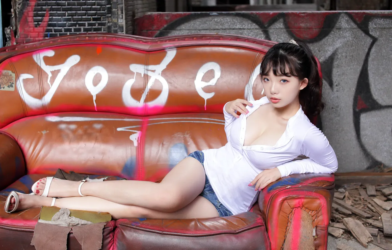 Photo wallpaper look, girl, pose, sofa, paint, legs, East, vandalism