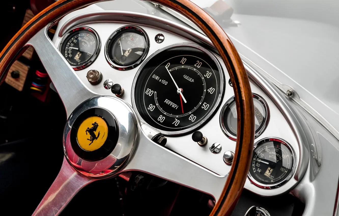 Photo wallpaper Speedometer, Ferrari, Classic, The wheel, 1957, Classic car, Sports car, Ferrari 625 TRC