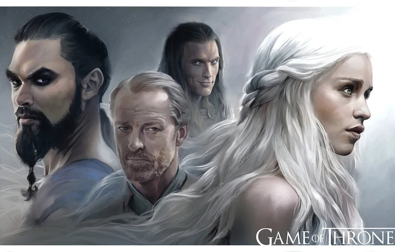 Photo wallpaper Game of Thrones, Emilia Clarke, Daenerys Targaryen, TV Series, Khal Drogo, Jason Momoa, hbo, Jorah …