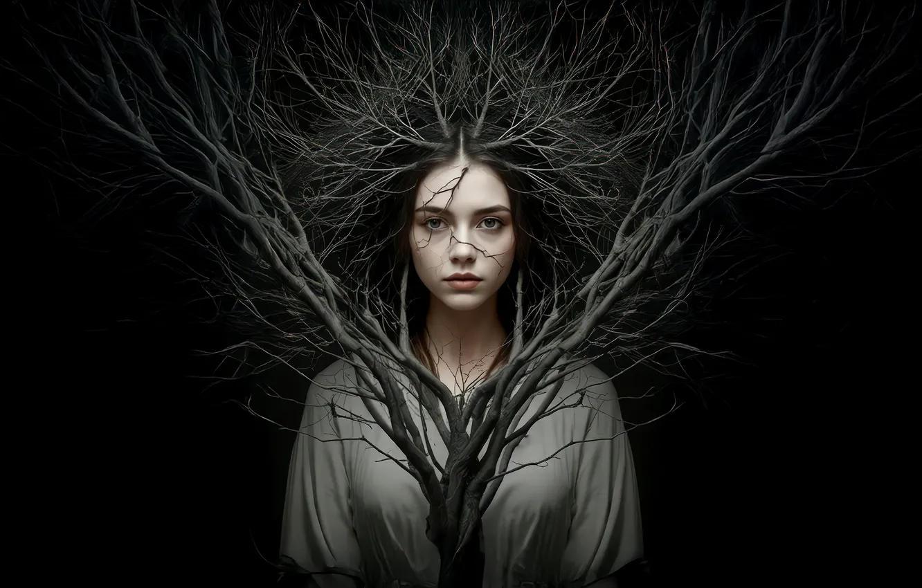 Photo wallpaper look, girl, trees, branches, pose, portrait, fantasy, black background