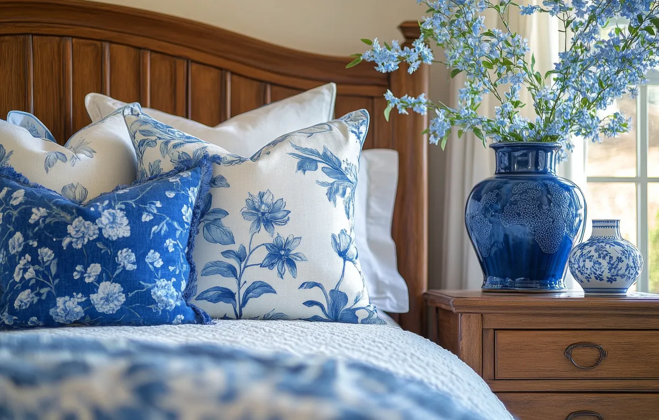 Photo wallpaper flowers, comfort, room, furniture, bed, home, interior, bouquet