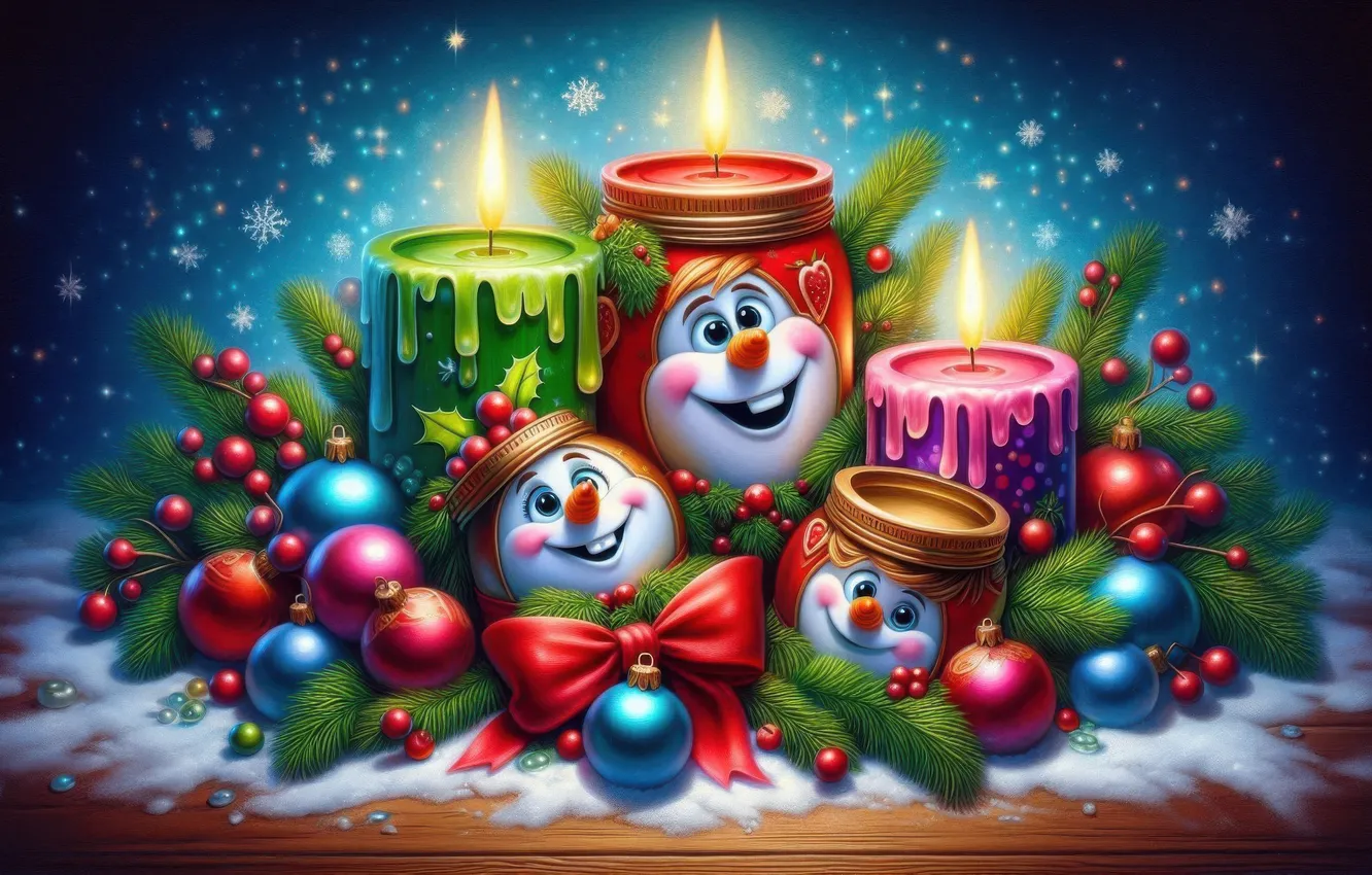 Photo wallpaper balls, new year, candles, Christmas, snowman, bow, needles, faces
