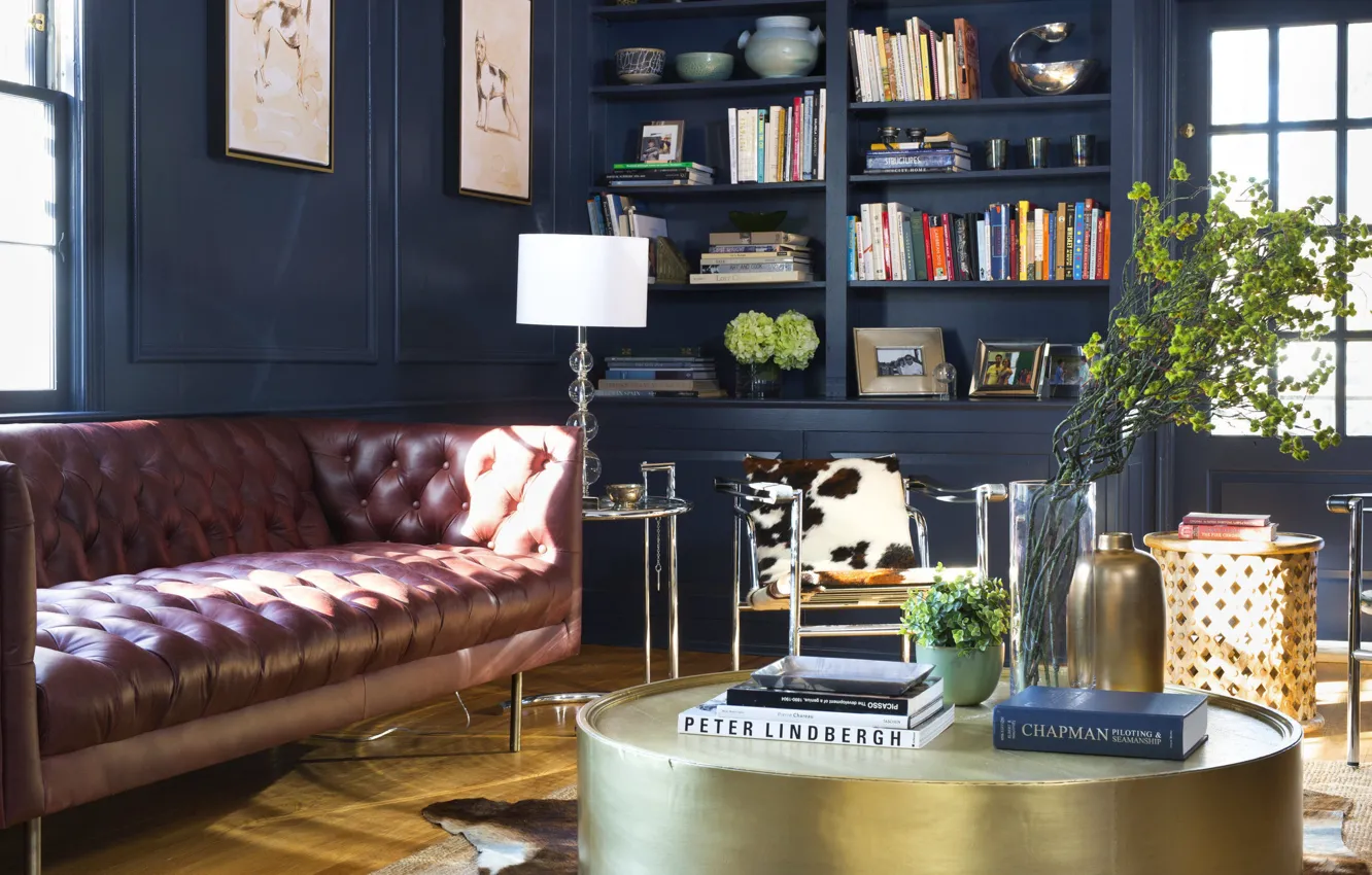 Photo wallpaper interior, library, sofa, living room