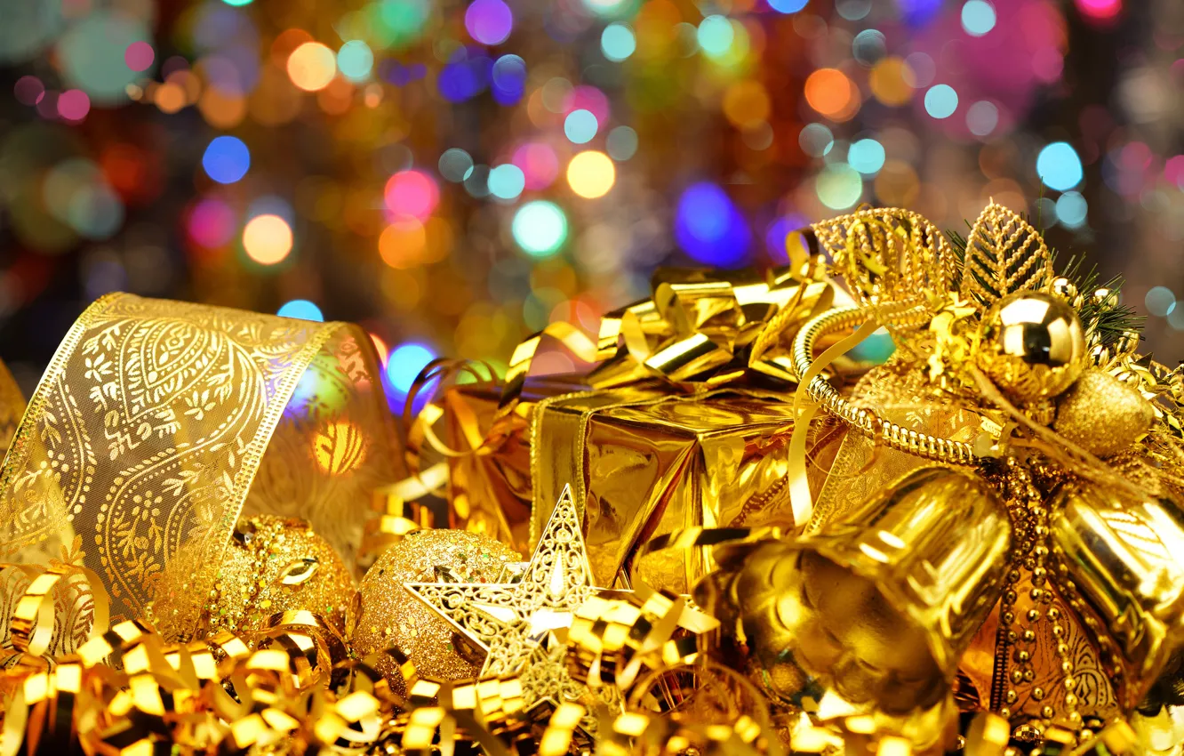 Photo wallpaper holiday, box, sequins, tinsel, Christmas decorations