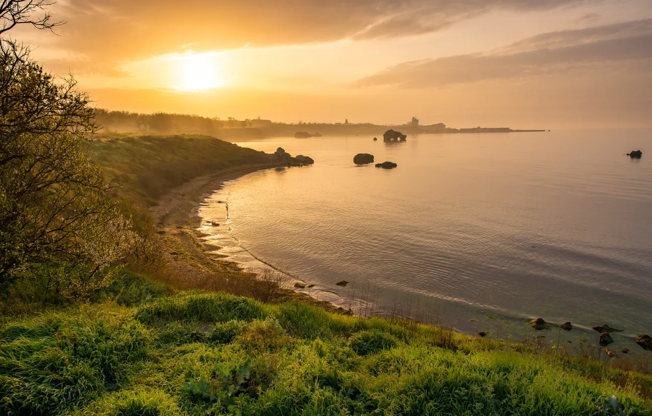 Photo wallpaper sea, stones, dawn, Crimea