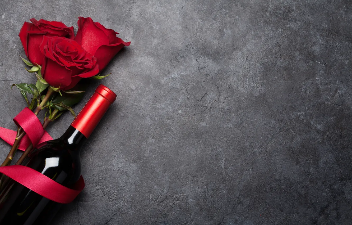 Photo wallpaper love, flowers, gift, wine, romance, bottle, roses, petals