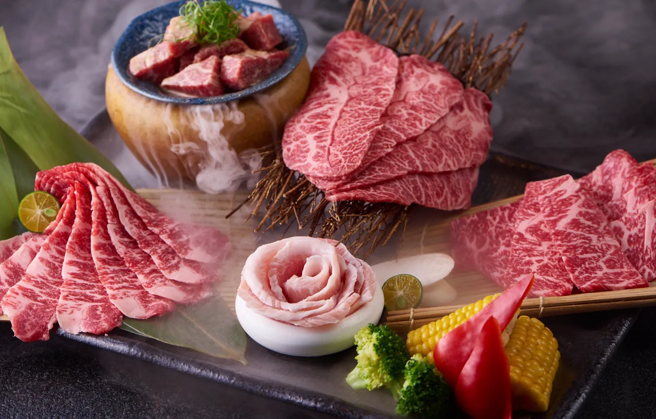 Photo wallpaper meat, cutting, marble