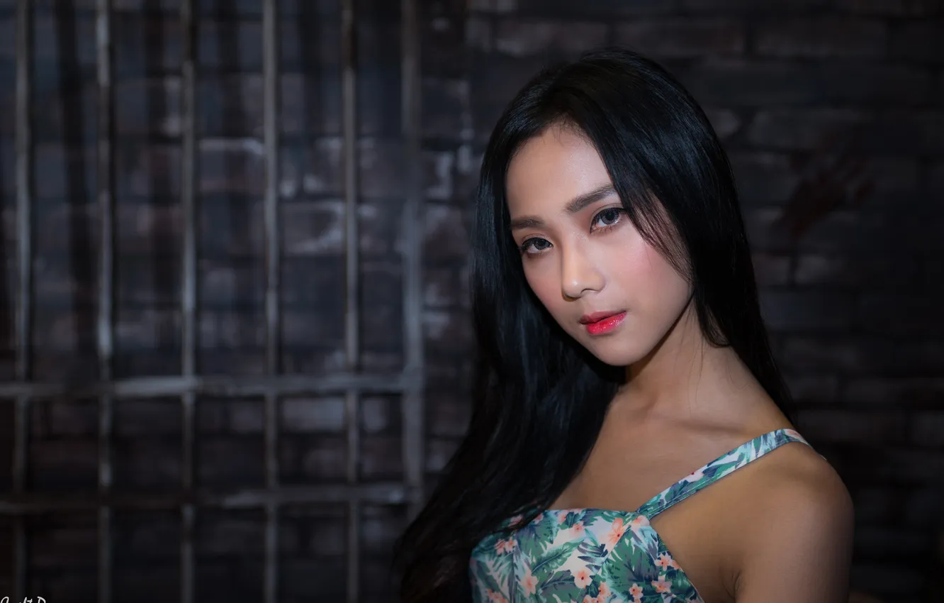 Photo wallpaper look, background, wall, model, portrait, brick, makeup, grille