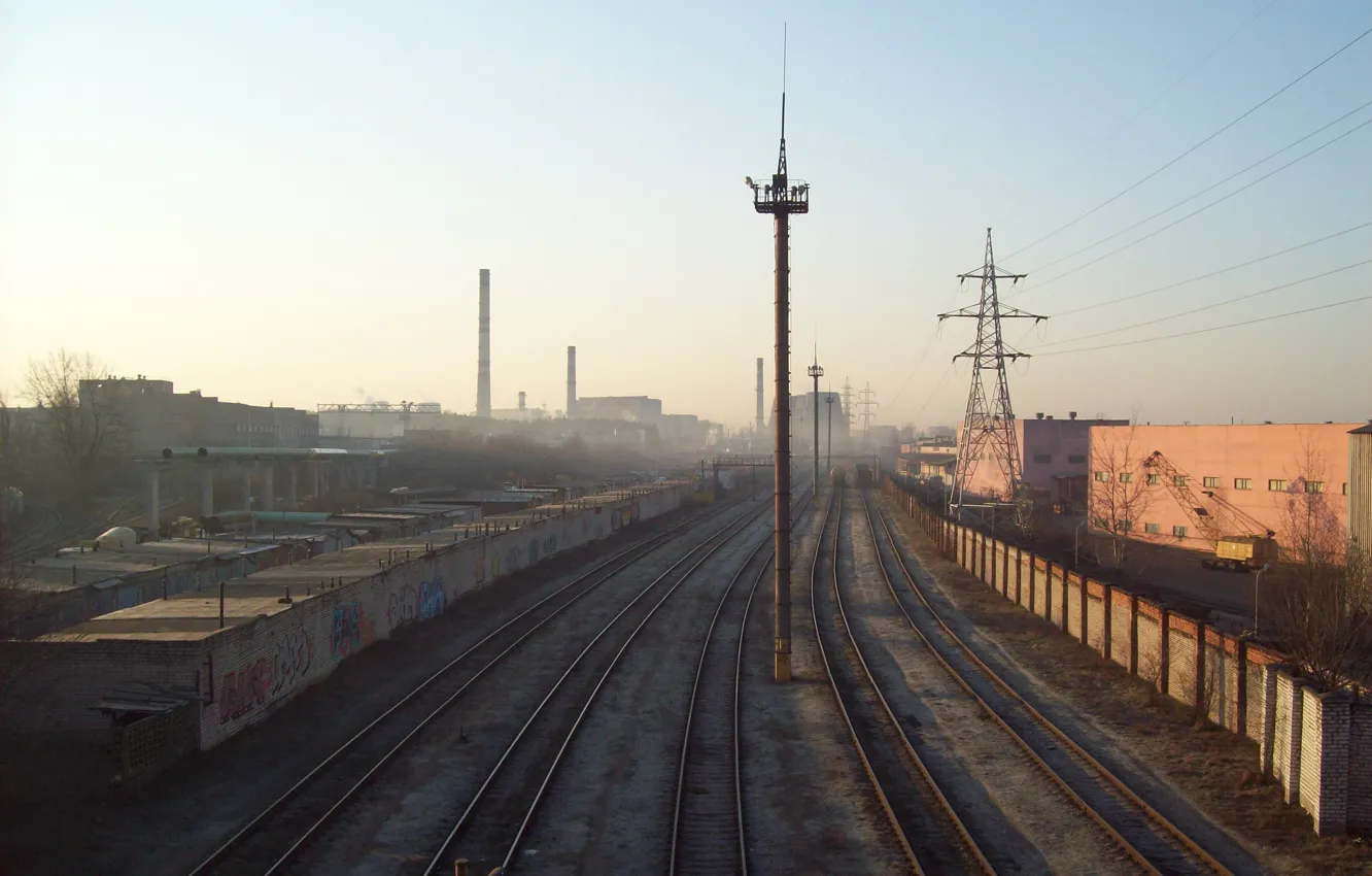 Photo wallpaper fog, graffiti, plant, Rails, power lines, CHP