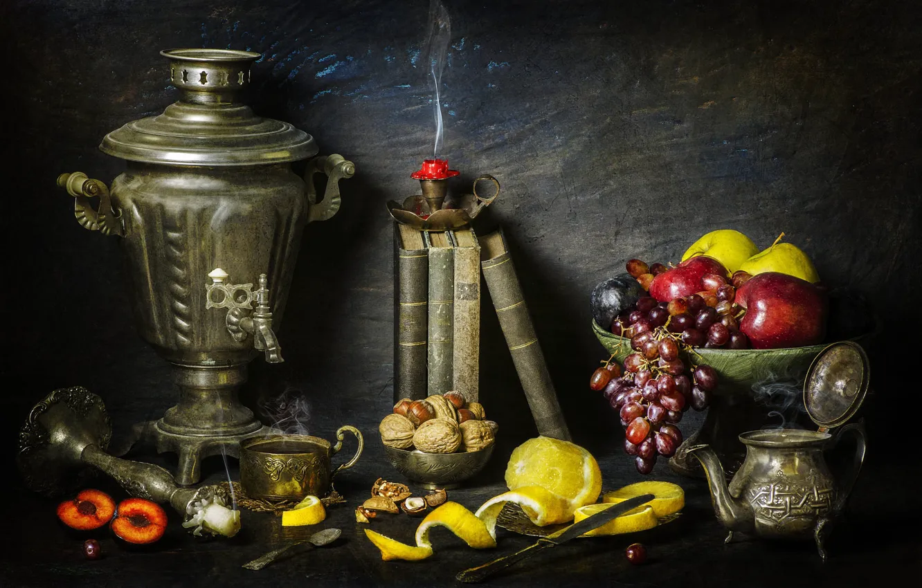 Photo wallpaper retro, table, lemon, tea, apples, books, candles, kettle