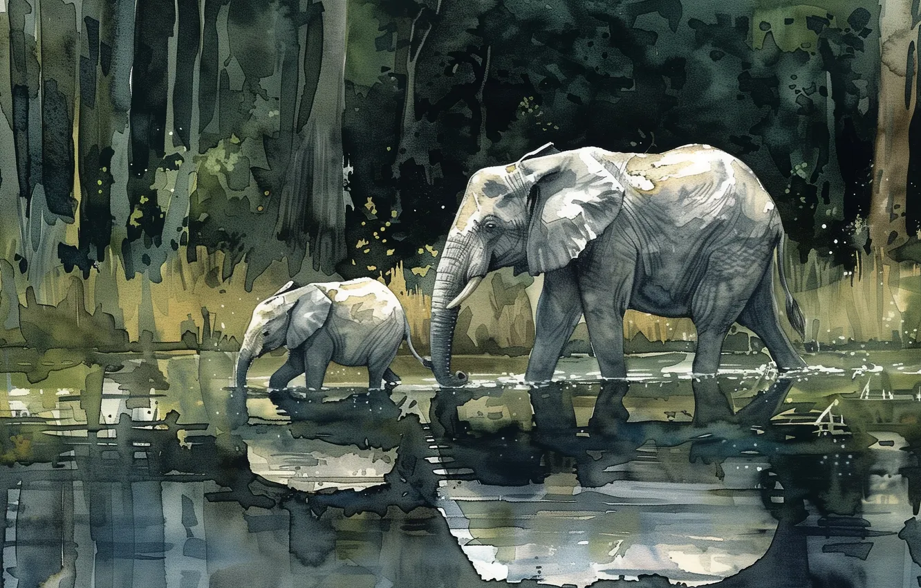 Photo wallpaper Water, Trees, Cub, Two, Art, Elephants, Digital art, AI art