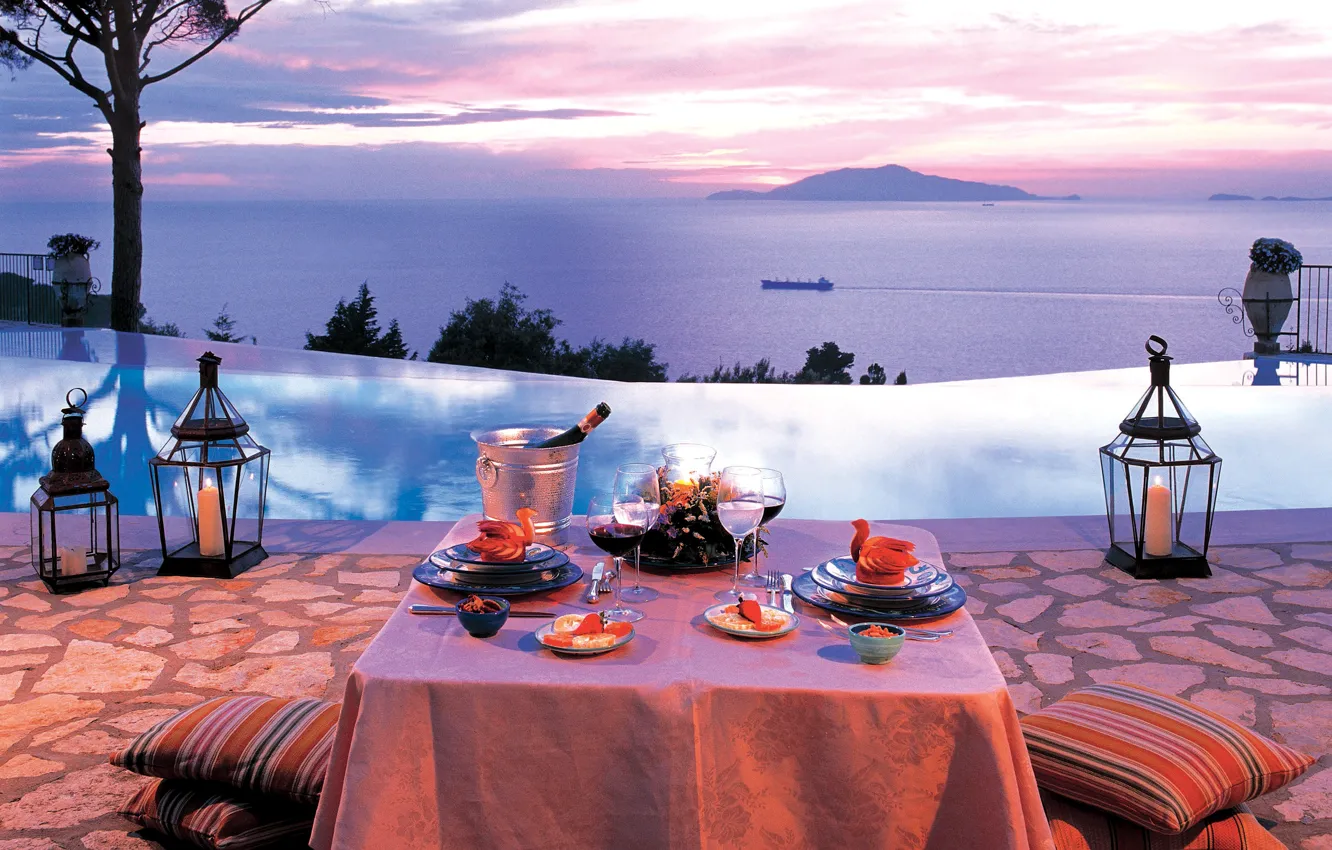 Photo wallpaper sea, romance, the evening, candles, pool, dinner