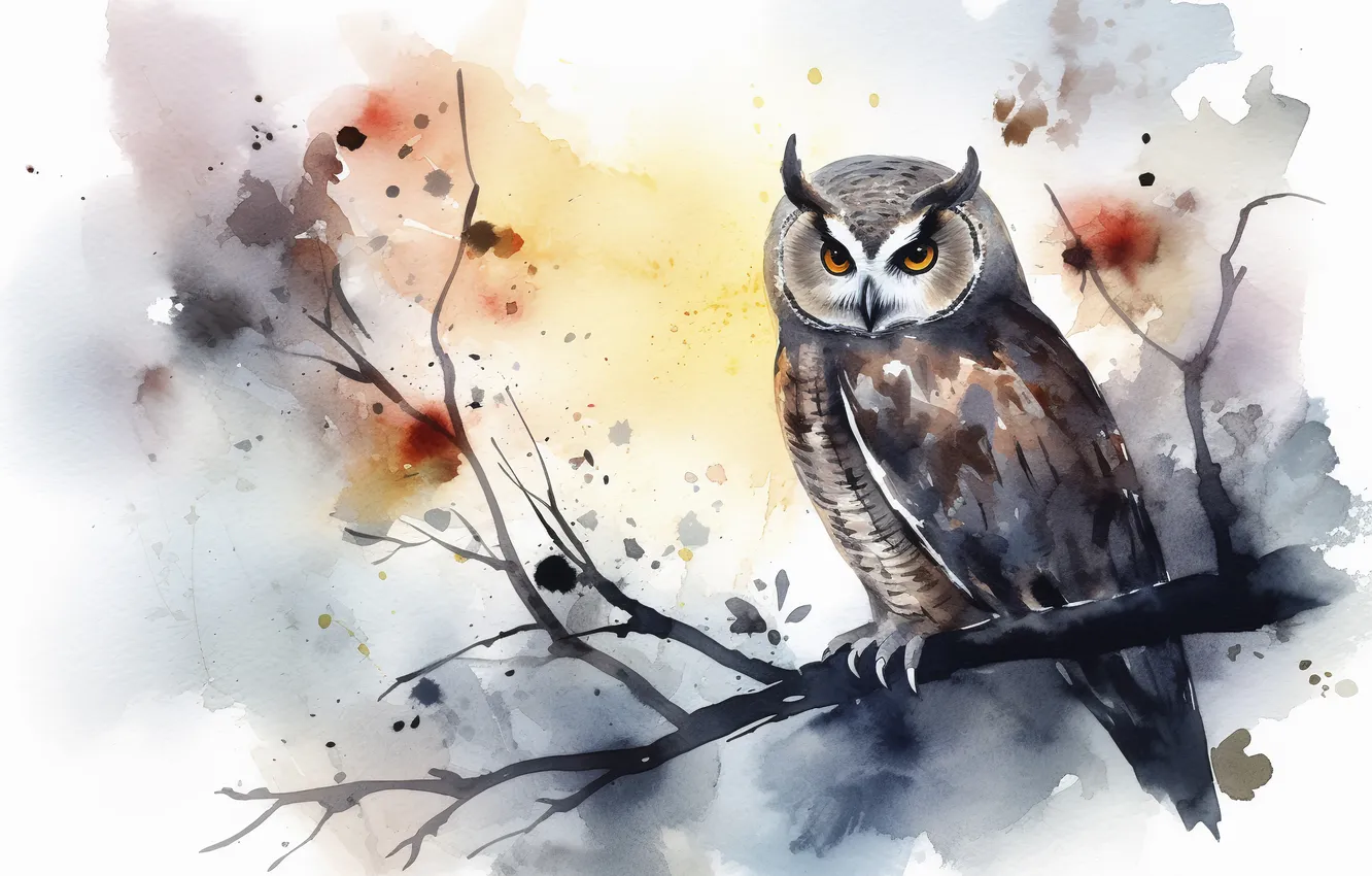 Photo wallpaper look, branches, owl, bird, watercolor, white background, painting, owl