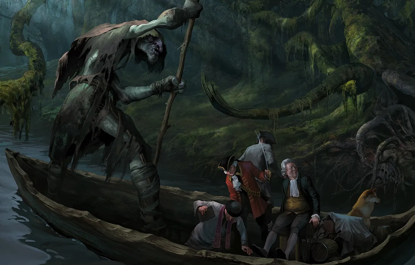 Photo wallpaper forest, river, boat, people, monster, dog, thicket, art