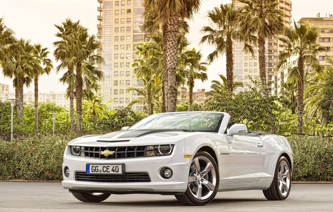 Photo wallpaper machine, white, the city, lights, Chevrolet, The hood, Camaro, convertible