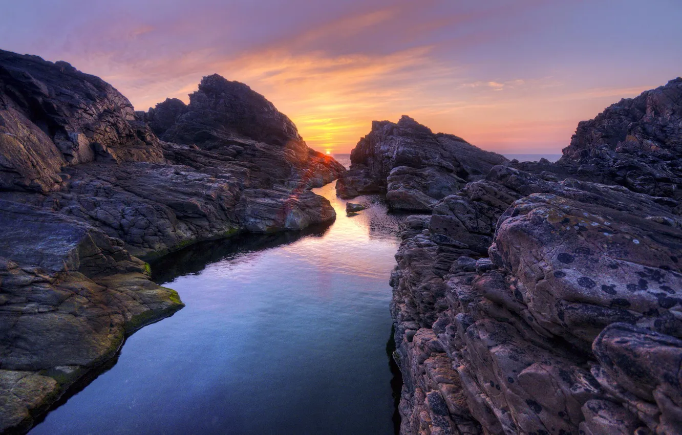 Photo wallpaper sea, the sun, nature, rocks, dawn
