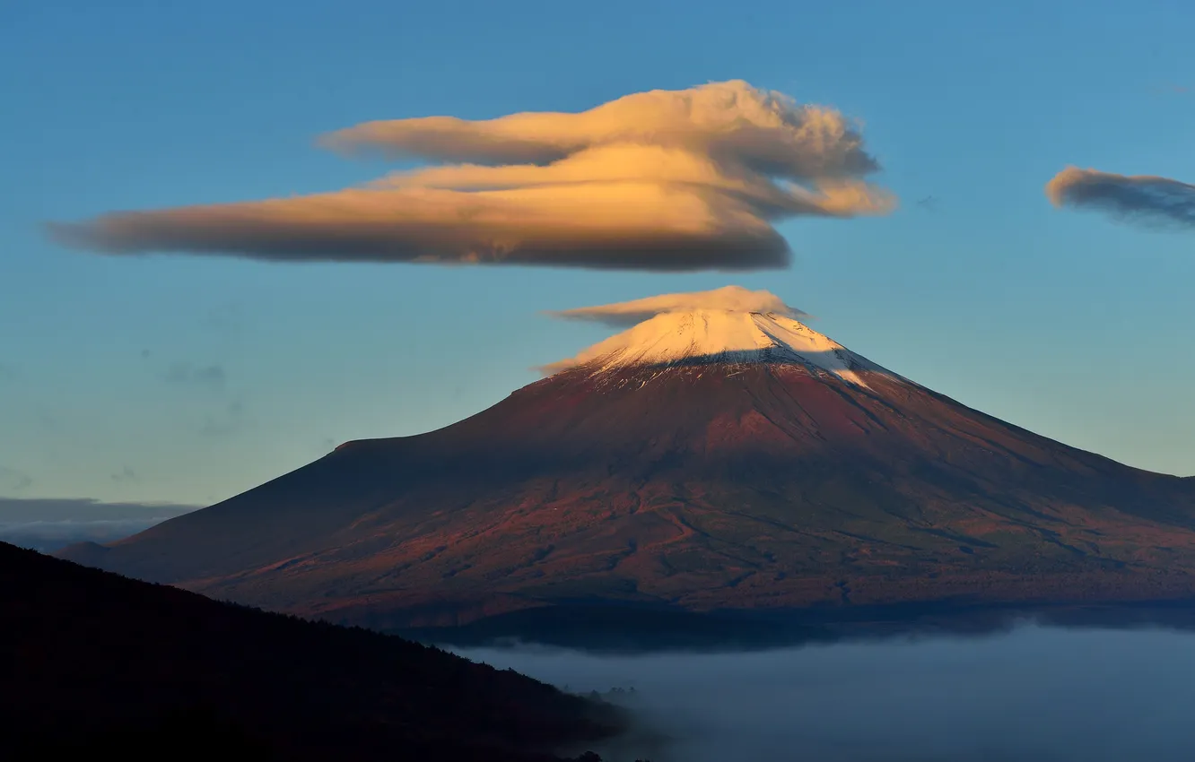 Photo wallpaper the sky, clouds, snow, mountains, lake