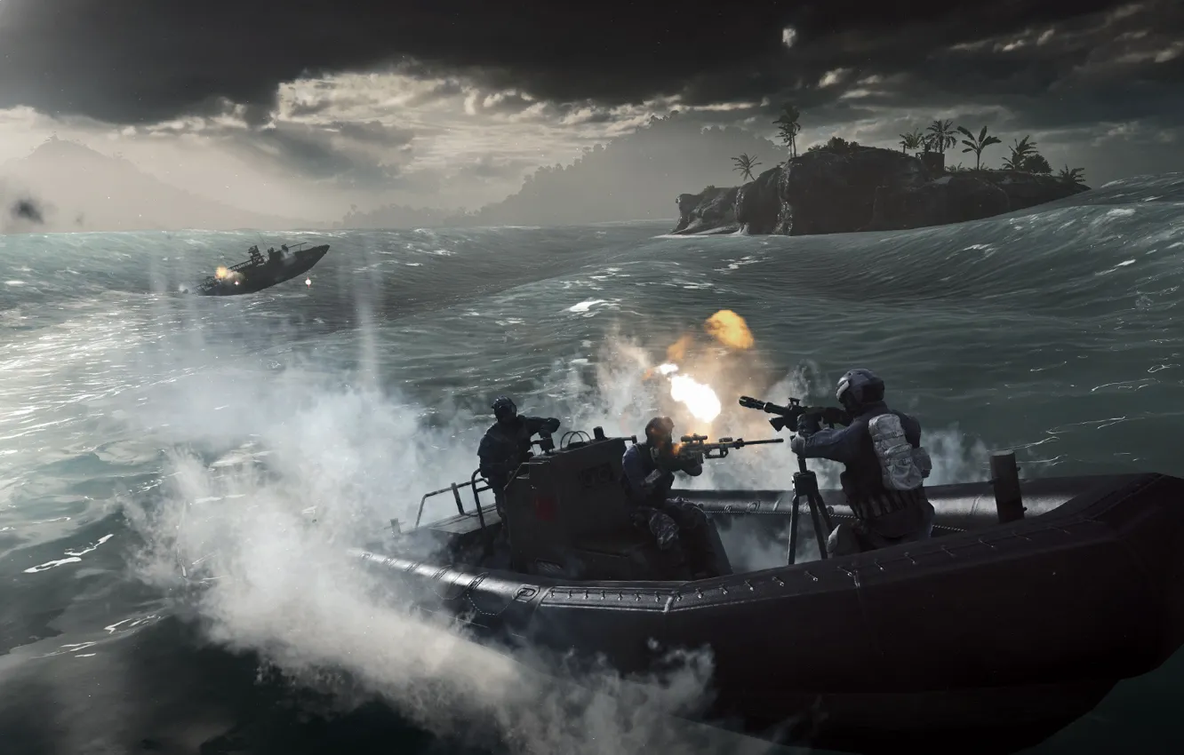 Photo wallpaper sea, wave, water, storm, weapons, the wind, war, boat