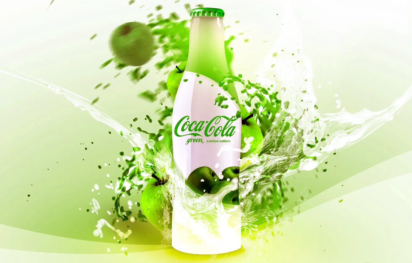 Photo wallpaper green, apples, bottle, drink, coca-cola, Coca-Cola, brand