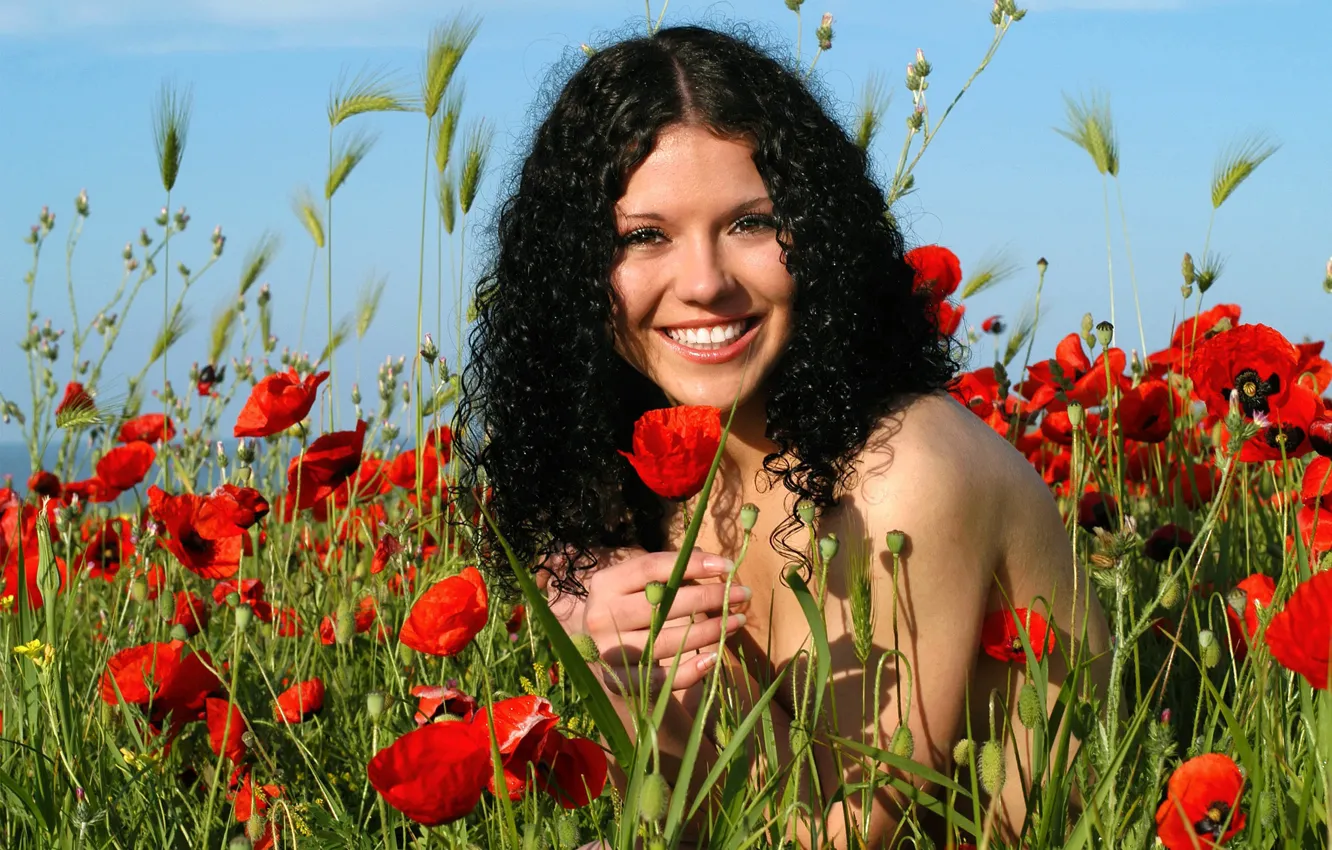 Photo wallpaper field, summer, the sky, girl, flowers, red, face, smile
